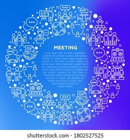 Sitzungskonzept in einem Kreis mit Symbolen für dünne Linien: Redner, Kommunikation, Zusammenarbeit, Teamwork, Brainstorm, Online-Sitzung, Konferenz, Moderator, Business Agreement, Interview. Vektorgrafik.