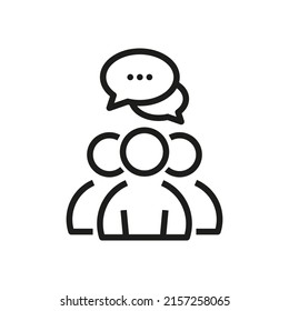 Concepto de reunión. Burbujas de voz bajo el icono de línea de grupo de personas. Temas como conferencia, trabajo en equipo, lluvia de ideas.