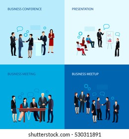 Meeting and conference concept with business people group in flat style vector illustration