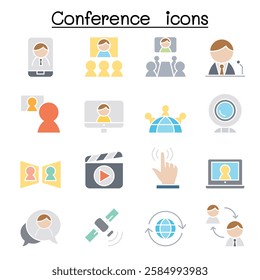 Meeting and Conference icon set  in flat color style