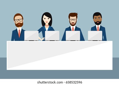 Meeting or conference of managers, presentation, speech, leadership, summit, business training. Flat vector ilustration.