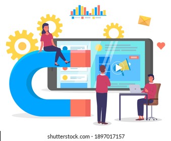 Meeting conference in office. Big magnet and people with laptop around. Customer retention strategy, digital inbound marketing, customer attraction banner. Team work and discussion, project management
