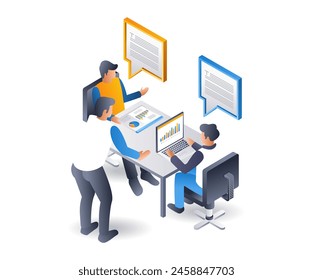 Meeting conversation developing company business, infographic 3d flat isometric illustration