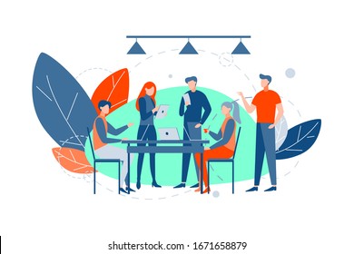 Meeting, coworking, teamwork, analysis or business concept. Business peoples team businessmen women partners together. Office meeting. Coworking, analysis, planning strategy. Collaboration