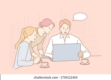 Meeting, coworking, teamwork, analysis business concept. Team or group of people businessmen women coworkers partners cartoon characters collaborate in office together. Statistic planning and training