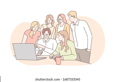 Meeting, coworking, teamwork, analysis, leadership business concept. Team of business people businessmen women partners collaborate together. Office meeting. Coworking statistic planning, training.