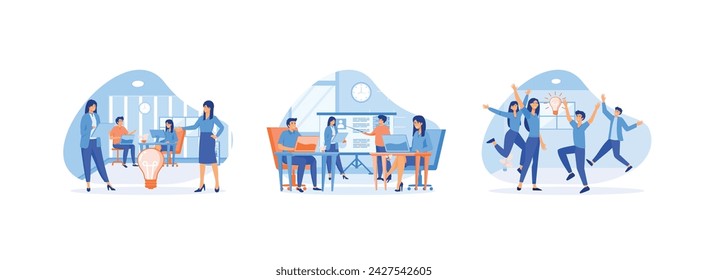 Meeting of creative creative people with light bulb ideas, Team project, brainstorm, teamwork process during quarantine, Team brainstorming. Brainstorming set flat vector modern illustration