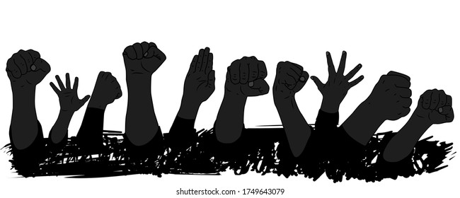 Meeting crowd with hands up on a white background. Vector illustration of revolution and confrontation. Stock image with the upholding of human rights and freedoms.