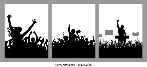 Meeting of crowd people, black silhouette. Speaker and protest and demonstration, set of vertical poster. Vector illustration