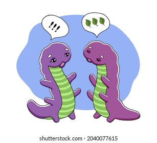 Meeting cute caterpillars. Two Cartoon purple caterpillars talking. Vector illustration isolated on white.