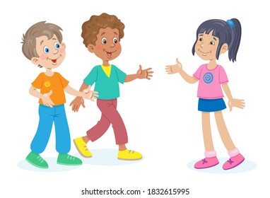 Meeting of a cute little girl and two boys. Children of different nationalities. In cartoon style. Isolated on white background. Vector flat illustration.