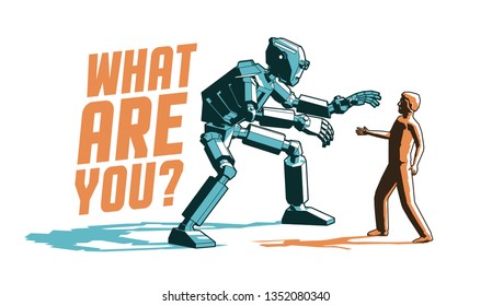 Meeting a cyborg robot and a man - retro vintage poster in stamp style. Vector illustration.