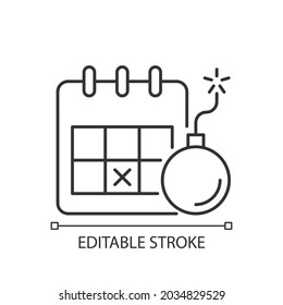 Meeting deadline linear icon. Complete task within time frame. Set date to end work. Thin line customizable illustration. Contour symbol. Vector isolated outline drawing. Editable stroke