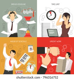 Meeting deadlines 4 flat icons concept with working ahead schedule and time limits breach isolated vector illustration 