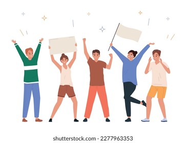 Meeting demonstration people flat concept five young people standing with the white flag and the placard vector illustration