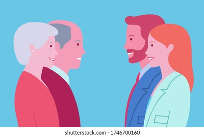 Meeting of different generations represented by vector profile portraits of happy young couple who meet a couple of smiling elderly people.