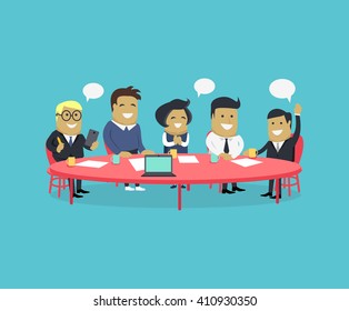 Meeting and discussion briefing. Business meeting, conference and meeting room, business presentation, office teamwork, team corporate, workplace discussing illustration. Strategy team brainstorm