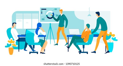 Meeting and Discussion in Office Cartoon Flat. Men and Women Sit in Office at Table with Laptops and Listen to Speaker. Office Employee Stays on Schedule with Company Growth Indicators.