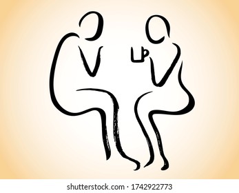 Meeting ,during coffee break, simple line design, hand drawn, Vector	