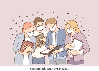 Meeting during coronavirus epidemic concept. Happy young people meeting outdoors wearing medical protective masks during covid-19 pandemic vector illustration 