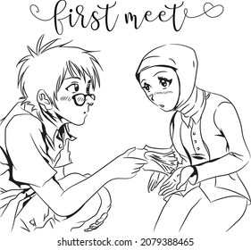 Meeting Each Other For The First Time Eye To Eye. Make A First Impression. Contour Vector Illustrations. Black Lines Isolated On White.