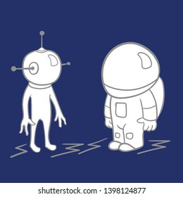 Meeting an Earthling and an alien in space. Astronauts vector illustration