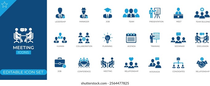 Meeting Editable Icon Set. Featuring essential elements like agenda, brainstorming, scheduling, and collaboration. Perfect for business presentations and project planning.