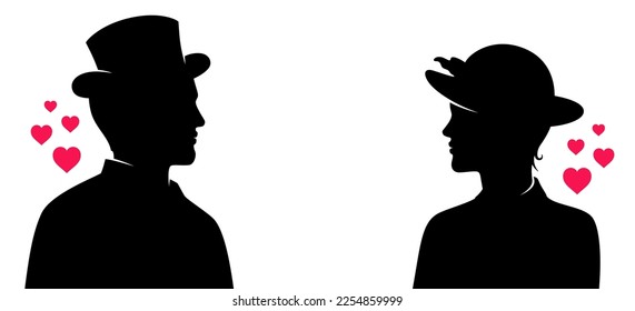 Meeting of elegant romantic retro style couple with hearts, silhouette vector banner with copy space.