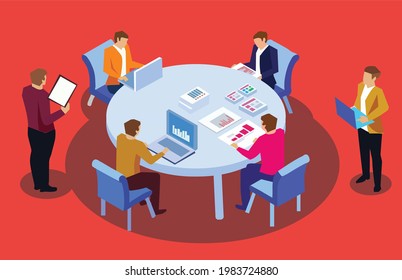 Meeting of employees in the office on a red background and around a round table. Illustration of busy office workers