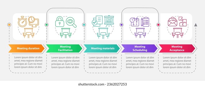 Meeting establish rectangle infographic template. Conference. Data visualization with 5 steps. Editable timeline info chart. Workflow layout with line icons. Myriad Pro-Bold, Regular fonts used