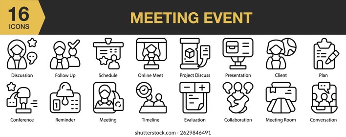 Meeting Event icon set. Includes meeting, business, event, seminar, conference, audience, and More. Outline icons vector collection.