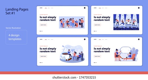 Meeting and event set. Family gathering together, concert, discussion in coffee shop, music teacher. Flat vector illustration. Communication concept for banner, website design or landing web page