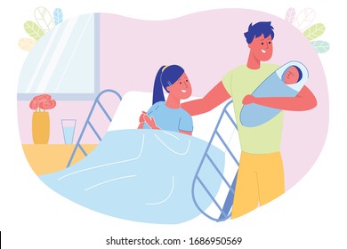 Meeting Father and Newborn Baby in Hospital Ward. Man Smile and Hold in Arms Sleeping Baby, Wrapped in Diaper. Nearby on Hospital Bed Lie Happy Mom. On Table Flowers Bouquet and Water Glass.