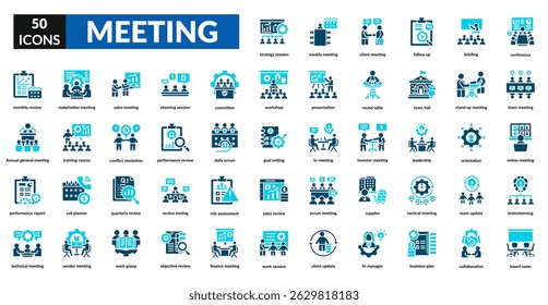 Meeting fill icon set collection. Briefing, board room, monthly review, goal setting, workshop, corporate, seminar, networking, consultation, decision, agreement, leadership, reporting
