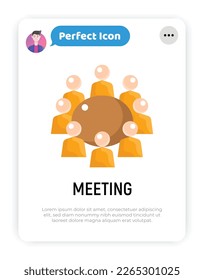 Meeting flat icon. People sitting around table. Conference, collaboration, brainstorming. Modern vector illustration.