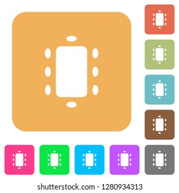 Meeting flat icons on rounded square vivid color backgrounds.