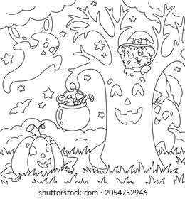 Meeting of friends. Cat, pumpkin, ghost, magic tree. Coloring book page for kids. Halloween theme. Magical creatures celebrate the holiday. Vector illustration