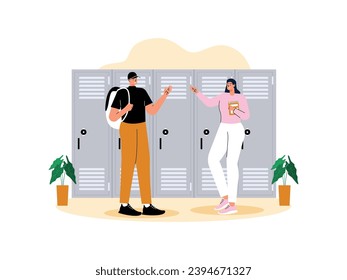 Meeting friends from different faculties in the campus locker room, greeting them in a friendly manner, school vector illustration.