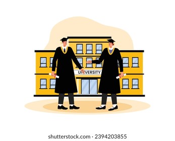 Meeting friends in front of university building, talking together after graduation ceremony, school vector illustration.