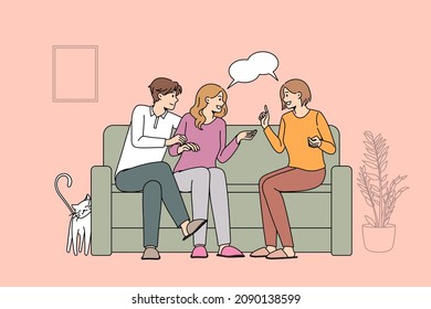 Meeting with friends and leisure concept. Smiling people couple and their girl friend sitting on sofa together discussing things at home vector illustration 