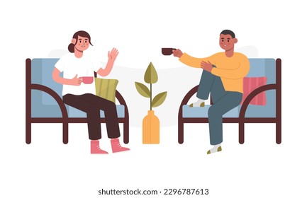 Meeting of friends. Multiethnic happy guy and girl talking over cup of coffee sitting on chairs. Flat style cartoon vector illustration on white background