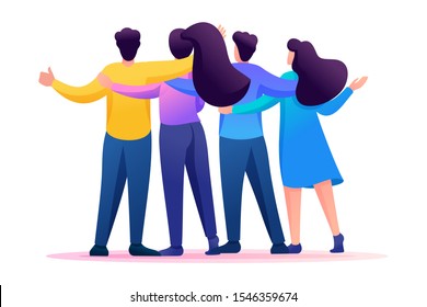 Meeting Friends, Friends Are Standing In An Embrace, Joy, Friendship. Flat 2D Character. Concept For Web Design.