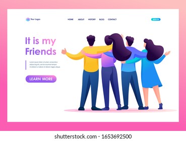 Meeting friends, friends are standing in an embrace, joy, friendship. Flat 2D character. Landing page concepts and web design