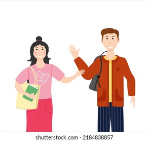Meeting of friends of students - a guy and a girl are talking. Vector illustration isolated on white background. For flyers, covers and brochures, packaging and advertising.