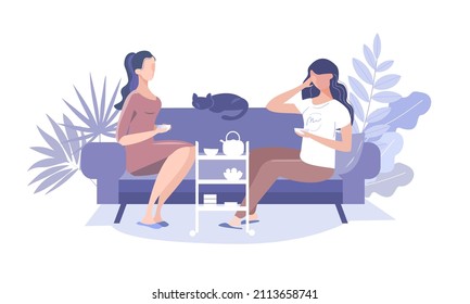 Meeting friends, tea party, conversation. Two girls on the sofa in the background of home interior. Illustration in purple tones very peri