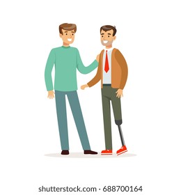 Meeting of friends, two men talking, one man with leg prosthesis, healthcare assistance and accessibility colorful vector Illustration