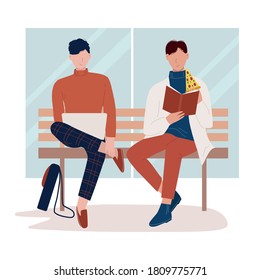 Meeting friends. Two students sitting on the bench. Stylish young guys read a book, eat pizza, use laptop. Exam preparation, study or lunch break. Isolated vector illustration