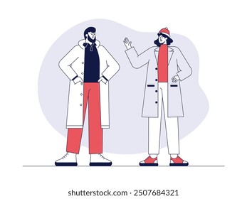 Meeting with friends in winter will wear thick coats, outline style friendship vector illustration.