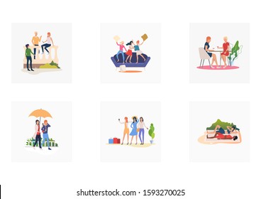 Meeting and friendship set. Friends fighting with pillows, drinking cocktail, walking, lying on beach. Flat vector illustrations. Communication concept for banner, website design or landing web page