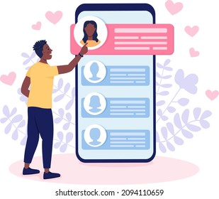 Meeting girlfriend on dating app flat concept vector illustration. Guy scrolling through ladies accounts isolated 2D cartoon character on white for web design. Online dating application creative idea